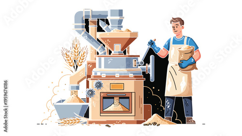 Mill Operator at Work: A diligent mill operator works with an industrial milling machine, the process transforming grains into flour, symbolizing industry and sustenance.