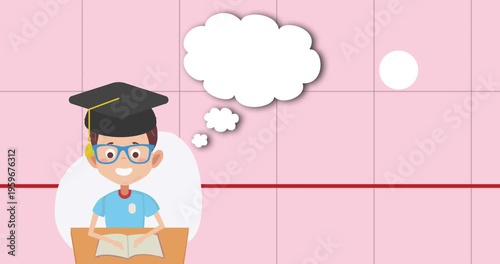 Animation of schoolboy with graduation hat with speech bubble with copy space