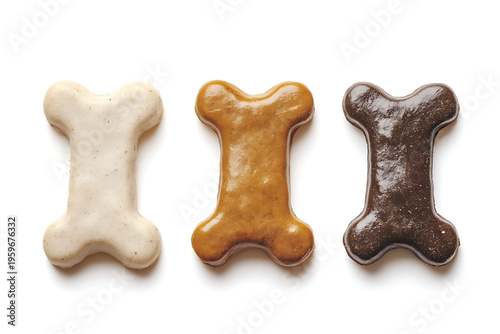 Three dog treats in the shape of bones are placed on a white background