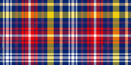 A geometric Scottish tartan with a multicolored seamless texture. Used for clothing, festivals, circus performances, and holidays