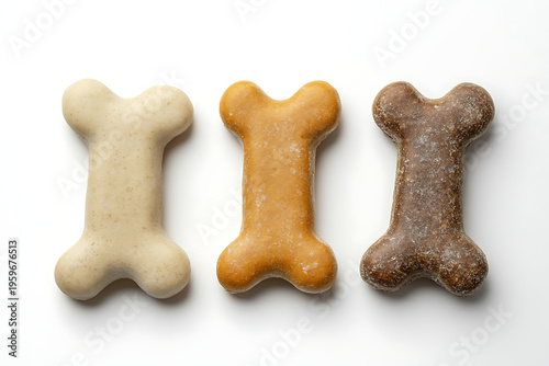 Three dog treats in the shape of bones are arranged on a white background
