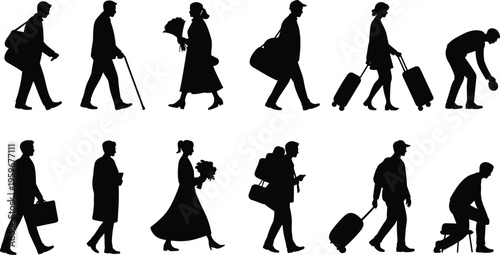 People walking silhouettes vector illustration, diverse men and women travelers isolated black shadow collection