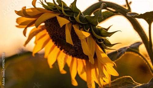 Bending sunflower head tilting toward lower right in rural field at sunset, showing bracts and stem