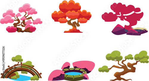 Japanese, Zen, Garden, Elements, Set, Featuring, Bonsai, Trees, Cherry, Blossoms, Bridge, Stone, Well, Flat, Vector, Illustration, Isolated, On, White, Background, Art, Assets