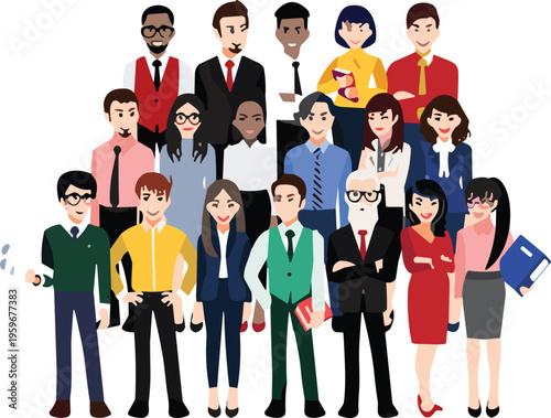 Large group of diverse business people and professional coworkers standing together, multi-ethnic corporate team dressed in formal office wear, flat vector illustration.