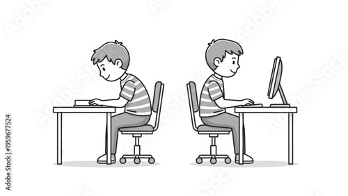 Posture comparison of boy sitting at desk with computer and book