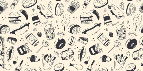 Seamless street food pattern in doodle sketch style. Hand-drawn ink fast food on beige background. Print of takeaway food, drinks, desserts and snacks. Vector graphics