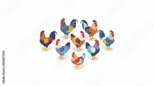 Colorful Rooster and Chicken Vector Illustration Set on White
