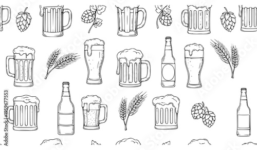 Beer bar seamless pattern line art mugs bottles hops vector illustration