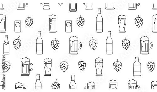Minimal beer bar seamless pattern line art elements vector illustration