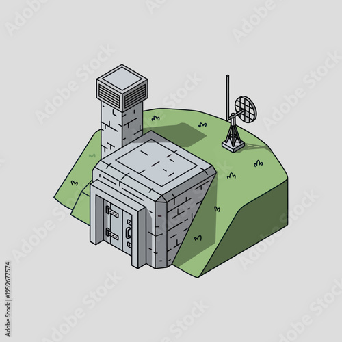 Isometric Illustration of a Bunker with Antenna and Ventilation Shaft.