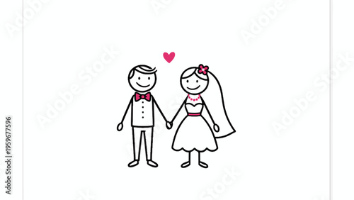 Stick figure bride and groom holding hands with heart icon