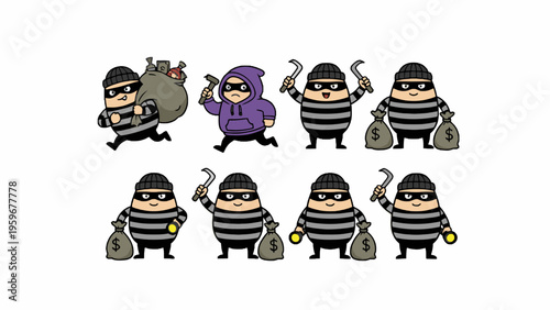 Burglar thief cartoon character set with money bags and tools