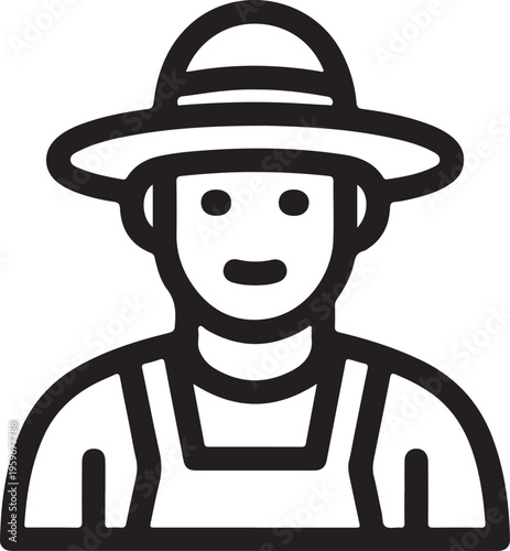 Simple line icon of farmer character wearing hat representing agriculture worker, rural lifestyle, farming profession, organic cultivation concept, minimal black outline design for modern use