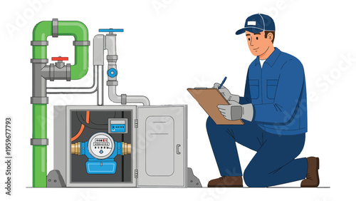 Plumber Inspecting Plumbing System: A diligent plumber assesses a complex plumbing system, meticulously documenting findings on a clipboard, ensuring optimal functionality and safety.