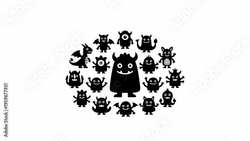 Monster silhouette icons set isolated on white background