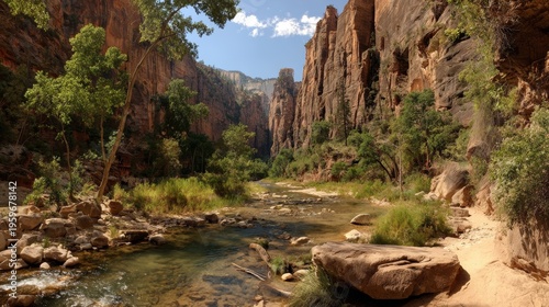 Scenic Canyon Landscape with River and Lush Greenery at Daylight