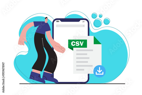Flat illustration of CSV data file download on smartphone screen. Concept of data management, spreadsheet files, analytics and digital information exchange.