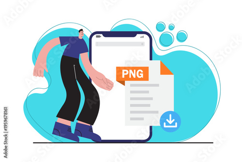Flat illustration of PNG image file download on mobile device. Concept of transparent image format, graphic resources and digital file management.