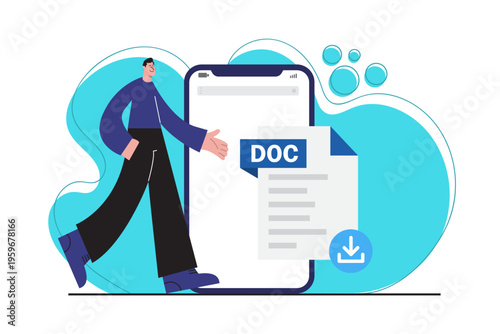 Flat illustration of a document file in DOC format being downloaded on a smartphone. Concept of file management, digital documents, mobile technology and online data access.