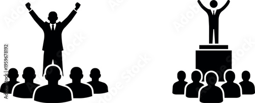 Successful business leader standing before crowd and on podium black silhouette icon vector isolated on transparent background