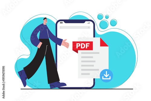 Flat style illustration showing PDF document download on a smartphone. Represents digital document exchange, online files, business reports and mobile accessibility.