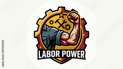 Labor Power Symbol with Strong Arm and Tools Inside Gear
