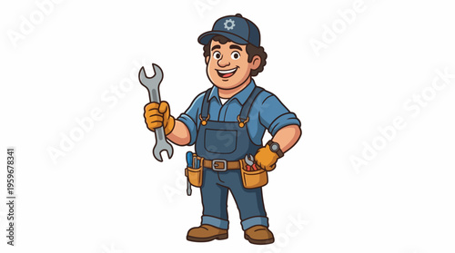 Smiling Professional Handyman or Mechanic Character Holding a Wrench, Ready for Repair and Maintenance Services