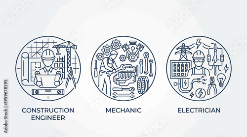 Illustrations of professions Construction Engineer, Mechanic, and Electrician
