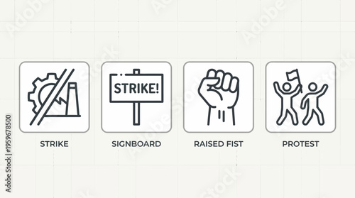 Vector line art icon collection illustrating social activism and collective action, featuring symbols of strike, protest, raised fist, and labor rights movements