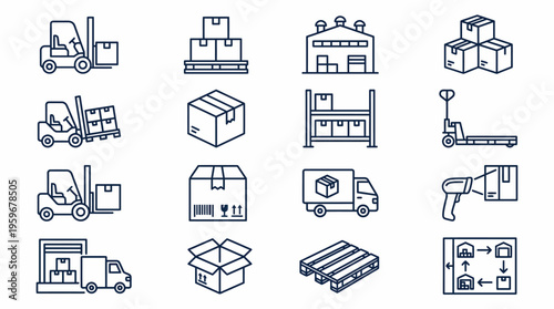 Warehouse and logistics icons representing shipping, delivery, and storage