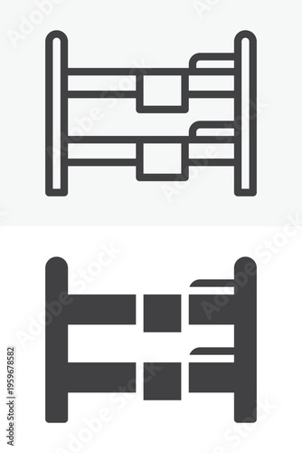 Double bunk bed icon set with stacked sleepers in line, outline and solid style. Double bunk bed icon vector sign and symbol with editable stroke for hotel use.
