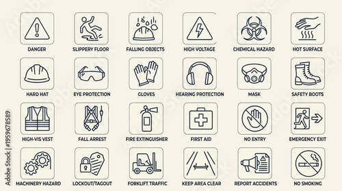 Collection of Safety Icons, Including Hazard Warnings, Protective Gear, and Emergency Equipment