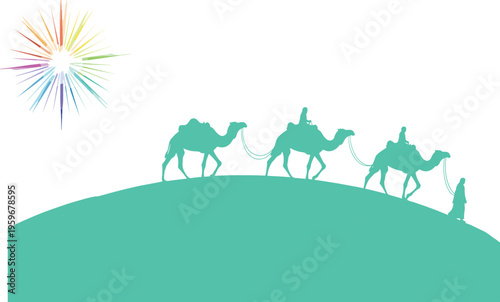 Three, Wise, Men, Traveling, On, Camels, With, The, Star, Of, Bethlehem, Silhouette, Vector, Nativity, Christmas, Story, Epiphany, Religious, Desert, Caravan, Isolated, White