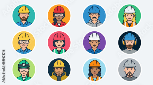 Collection of diverse industrial and construction worker avatars, featuring individuals wearing safety helmets and protective gear in a modern flat design style, representing various occupations