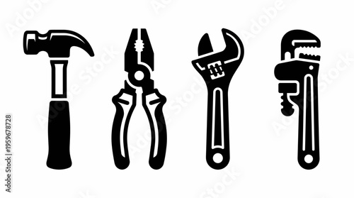 Collection of Hand Tools Hammer, Pliers, Adjustable Wrench, and Pipe Wrench