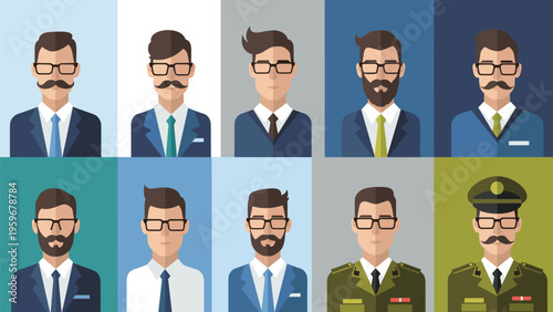 Professional male avatars, business attire, formal suits, diverse hairstyles, office fashion, corporate style, executive look, career roles, uniformed men, character design
