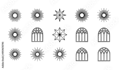 Minimalist Star Sun and Window Icon Set in Thin Line Style with Symmetrical Geometric Decorative Elements