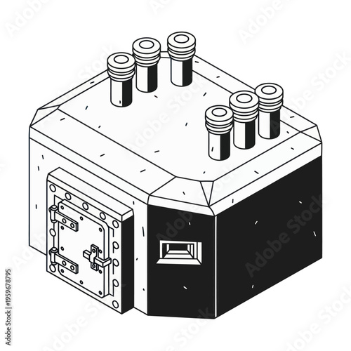 Isometric Illustration of a Concrete Bunker with Ventilation Shafts.
