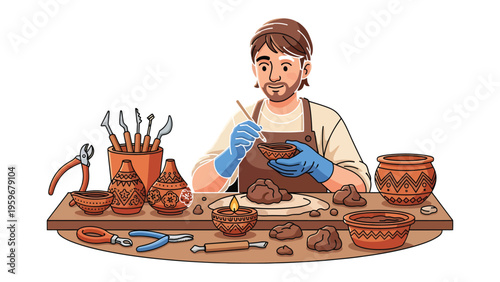 The Art of Pottery: A skilled artisan, engrossed in his craft, meticulously molds a clay pot, his hands moving with precision amidst an array of tools and materials. 