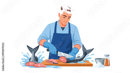 Fresh Catch: A skilled individual meticulously prepares a freshly caught fish for culinary delight, showcasing the art of seafood preparation and the anticipation of a delicious meal.