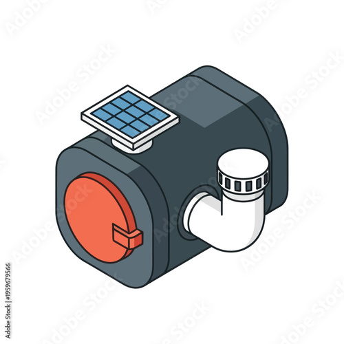 Isometric Septic Tank Illustration with Solar Panel and Pipe.