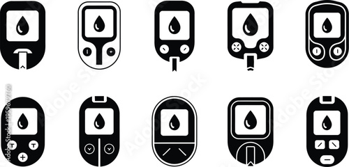 Blood glucose meter icons in black and white, different reading levels display, diabetes testing device symbols