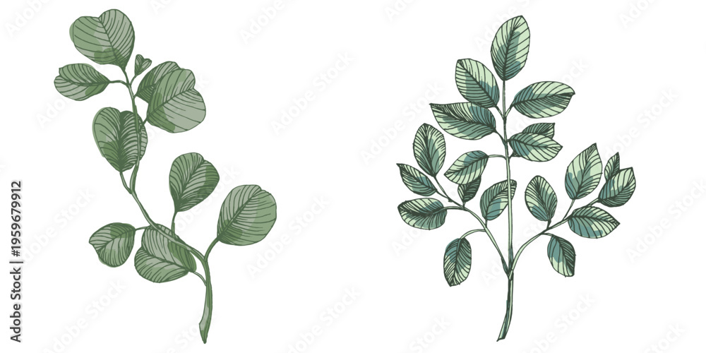 Obraz premium Hand Drawn Eucalyptus Branch Illustration. Green Silver Dollar Eucalyptus Leaf Vector Isolated on White. Elegant Botanical Floral Element for Wedding Design and Home Decor