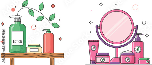 Cosmetic and Skincare Product Bottles Set with Lotion, Creams, Tubes, and Mirror in Minimalist Line Art Style