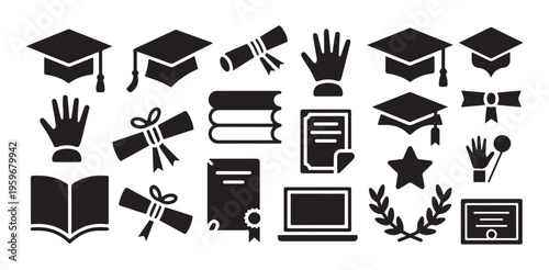 Graduation education vector icons set, academic cap scroll diploma book, student award symbols