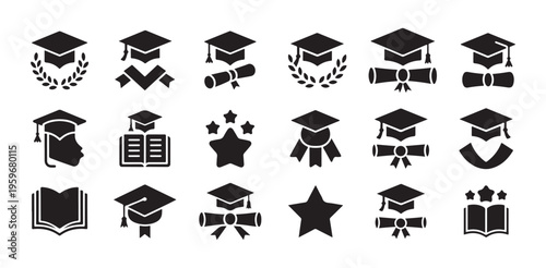 Educational success and student graduation symbols including mortarboard hats and open books