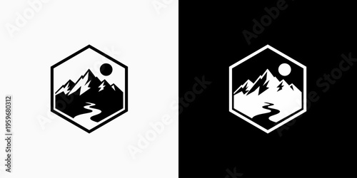 Hexagonal emblem of mountain and wild nature shape with modern, simple, clean and abstract style. An icon for business, outdoor, adventure, and personal branding.