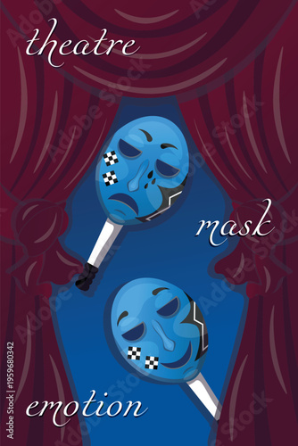 Vector graphic art with sad and happy masks behind the curtains, theatre, mask, emotion poster