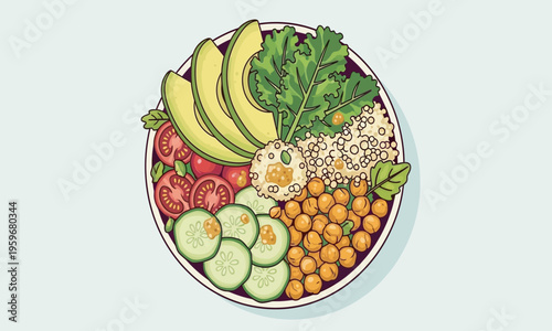 A top-down illustration of a healthy meal bowl filled with avocado, kale, tomatoes, chickpeas, cucumber, and quinoa.